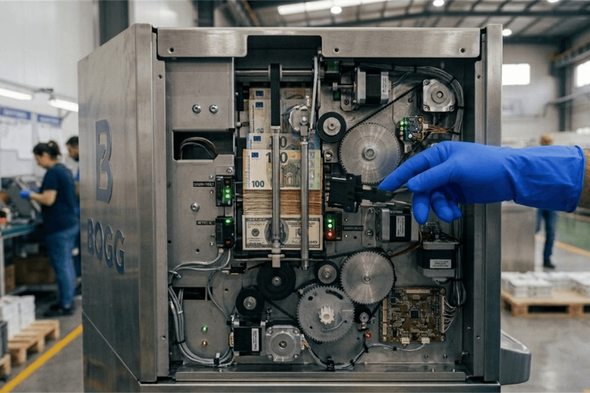 Close-up of ATM internal components and cash modules