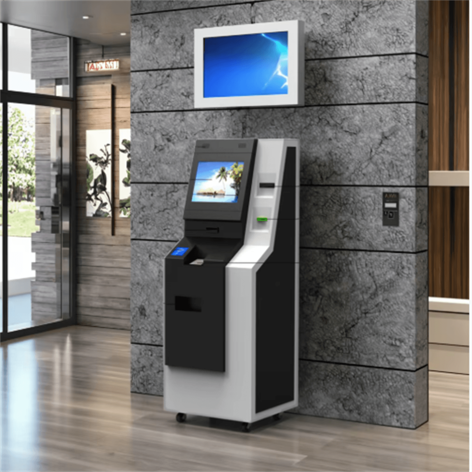 Finished ATM machines staged in a deployment warehouse